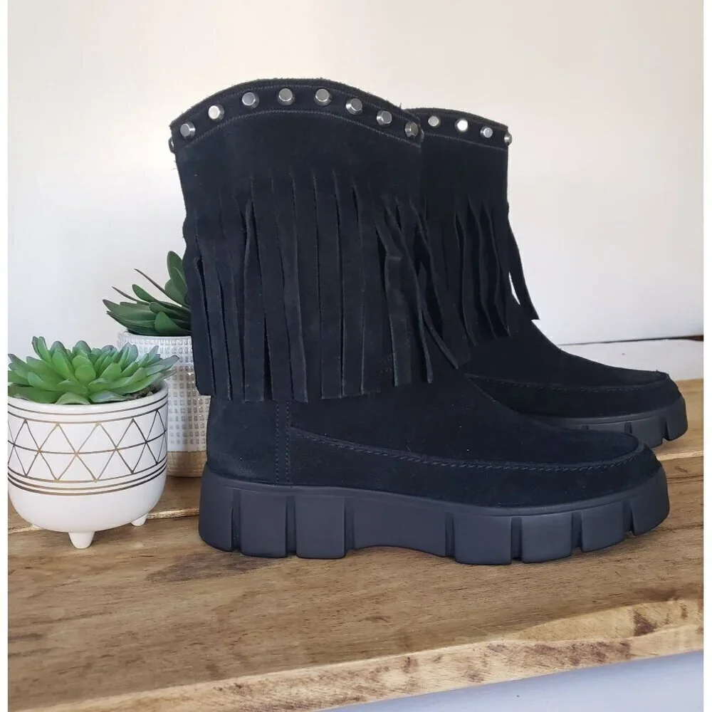 NWT Geox Ghoula Suede Fringe Studded Mid-Calf Chunky Lug Sole Winter Boots 38